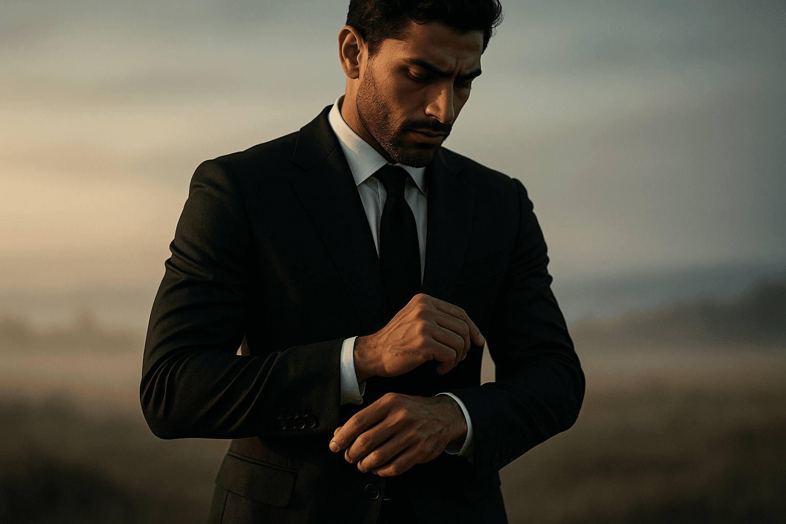 Professional man in a black suit adjusting his sleeve